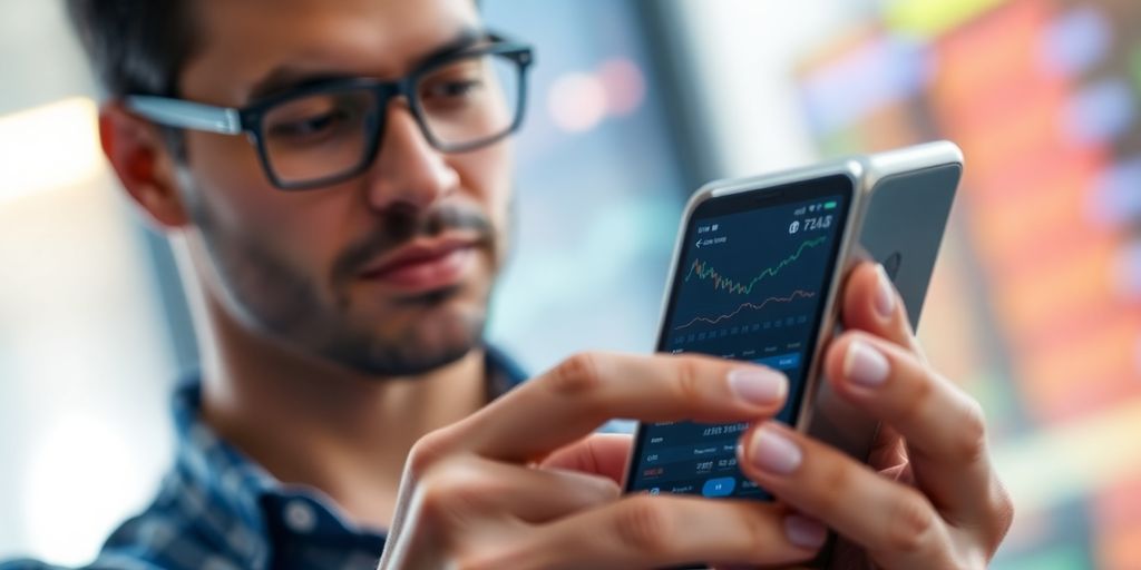 Close-up of a person's hands holding a smartphone displaying a stock market interface.