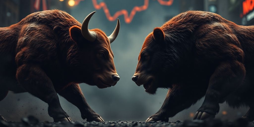 Bull and bear figures facing off.