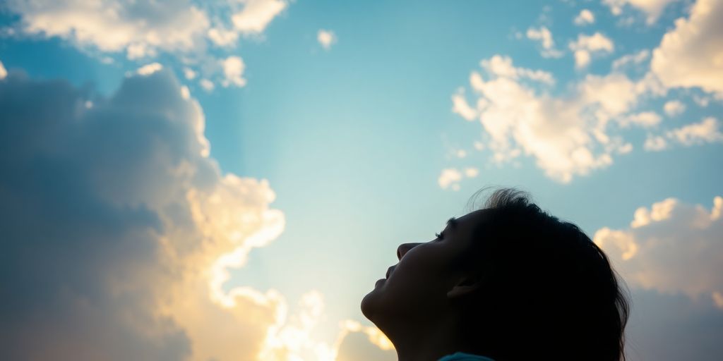 A person looking at a bright, expansive sky.