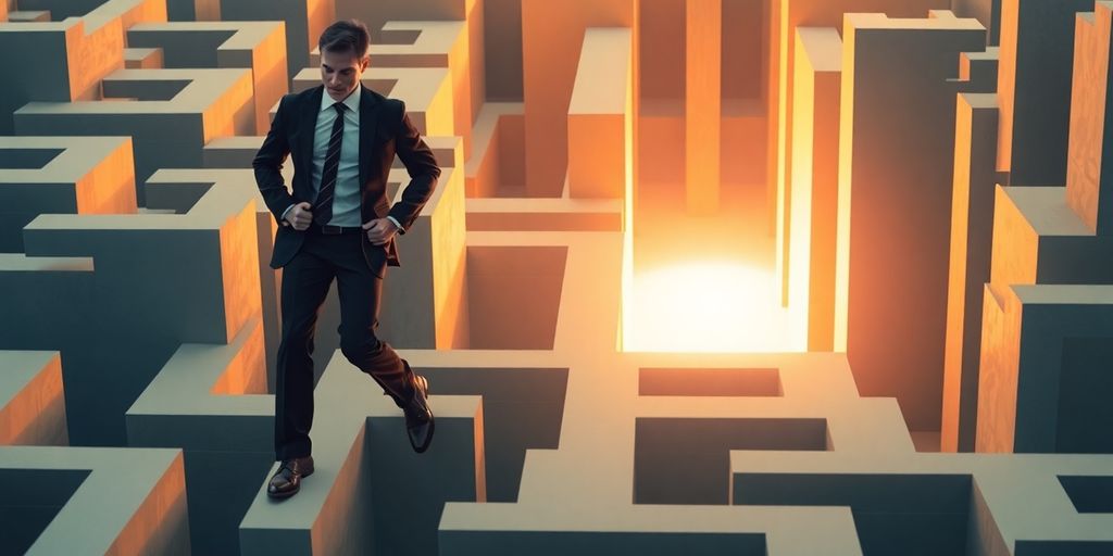 Business professional navigating a complex maze.