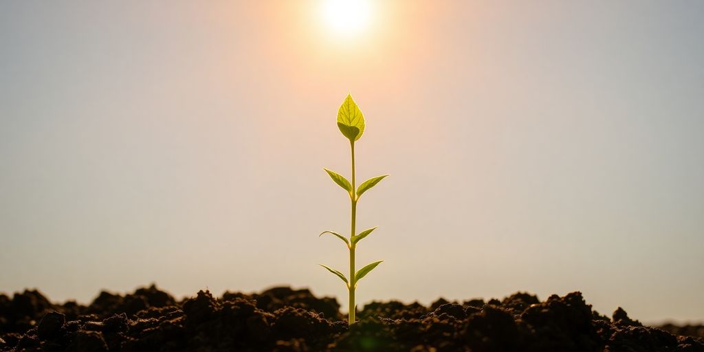 Plant growing towards a bright sun.