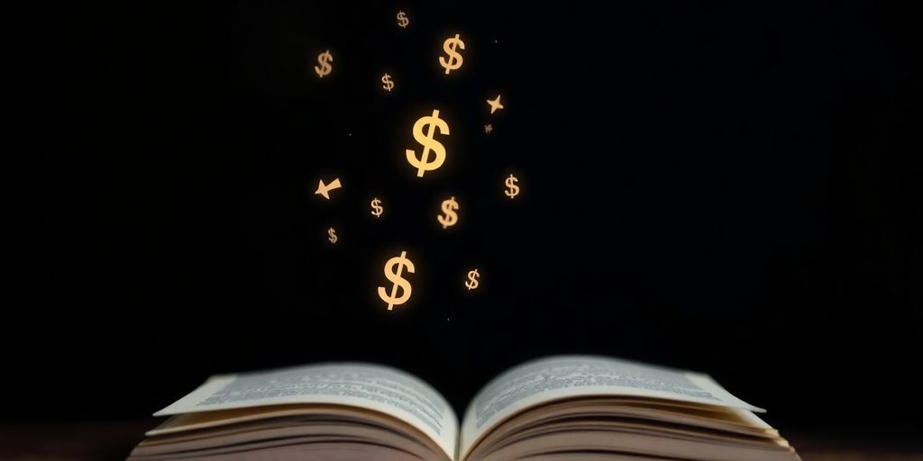 Open book with glowing financial symbols emerging.