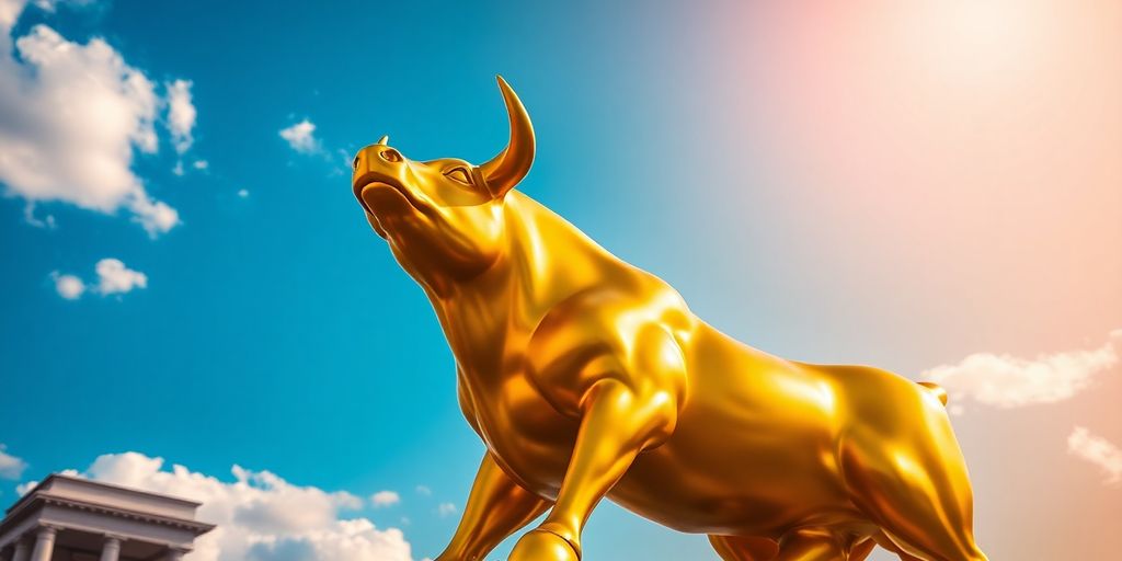 Golden bull statue charging upwards, bright future ahead.
